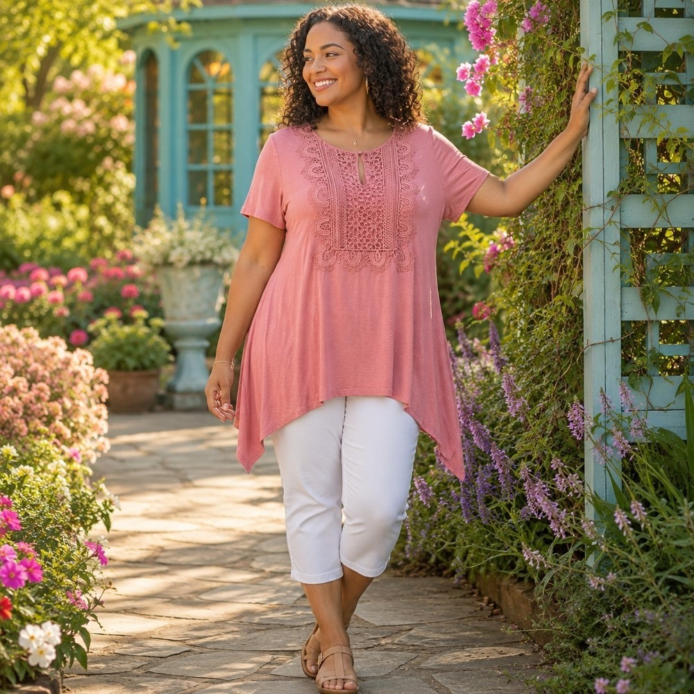 Roaman's Women's Large 18/20 Sharkbite Tunic Boho Cottagecore Softgirl Lagenlook